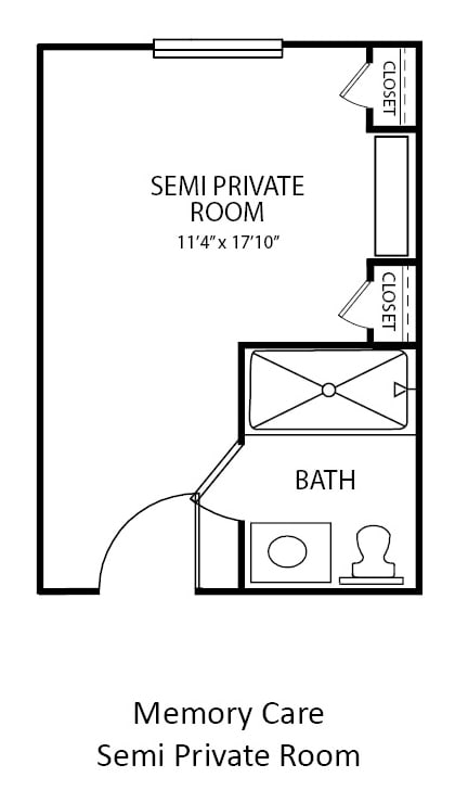 Floor plan of a semi-private room with a bathroom and closet.