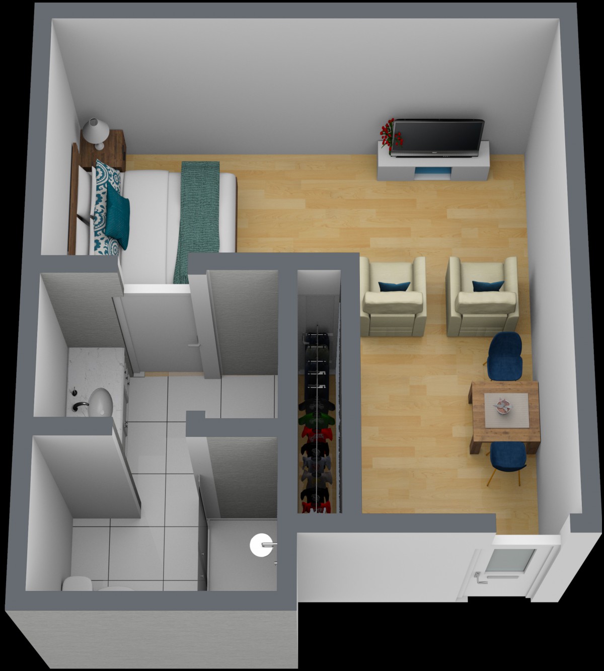 A 3D rendering of a compact apartment floor plan featuring a bedroom, living area, kitchen, and bathroom.