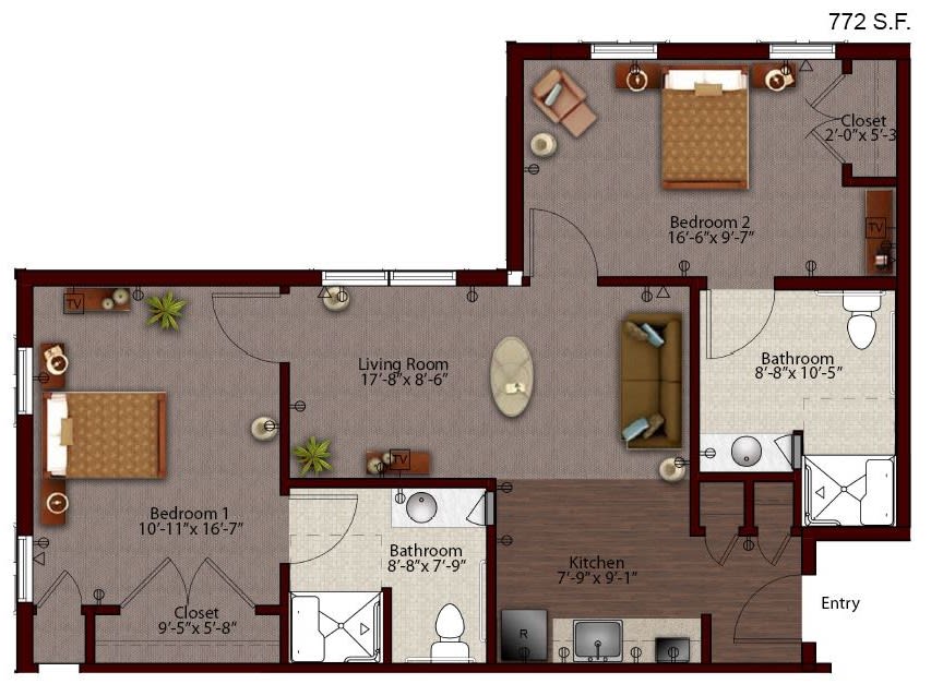 A detailed floor plan of a two-bedroom apartment with labeled rooms and furnishings.
