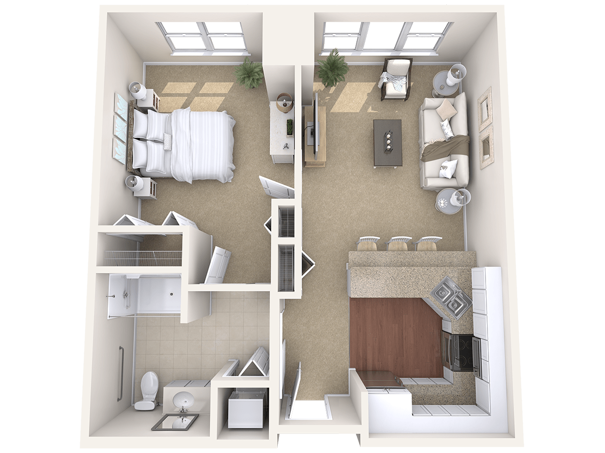 A 3D floor plan of a one-bedroom apartment, featuring a living room, kitchen, and bathroom.