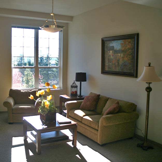 A cozy living room with a sofa, armchair, and coffee table bathed in natural light from a large window.