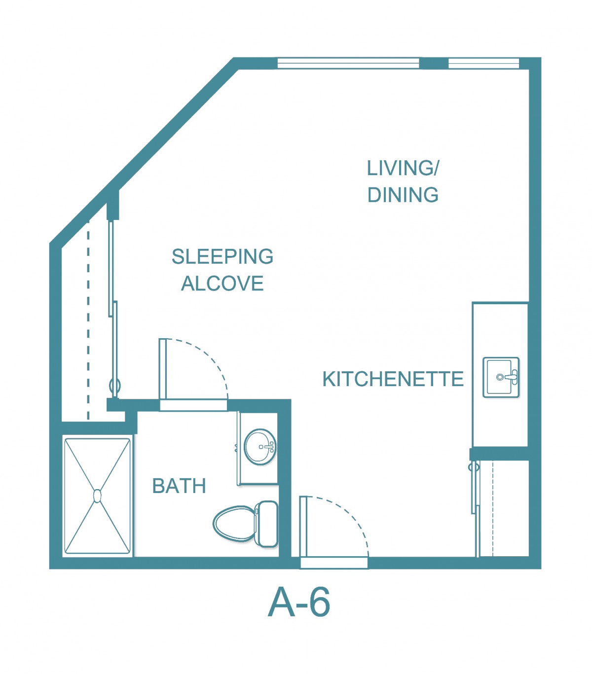 Studio apartment floor plan with a sleeping alcove, kitchenette, living/dining area, and bathroom.