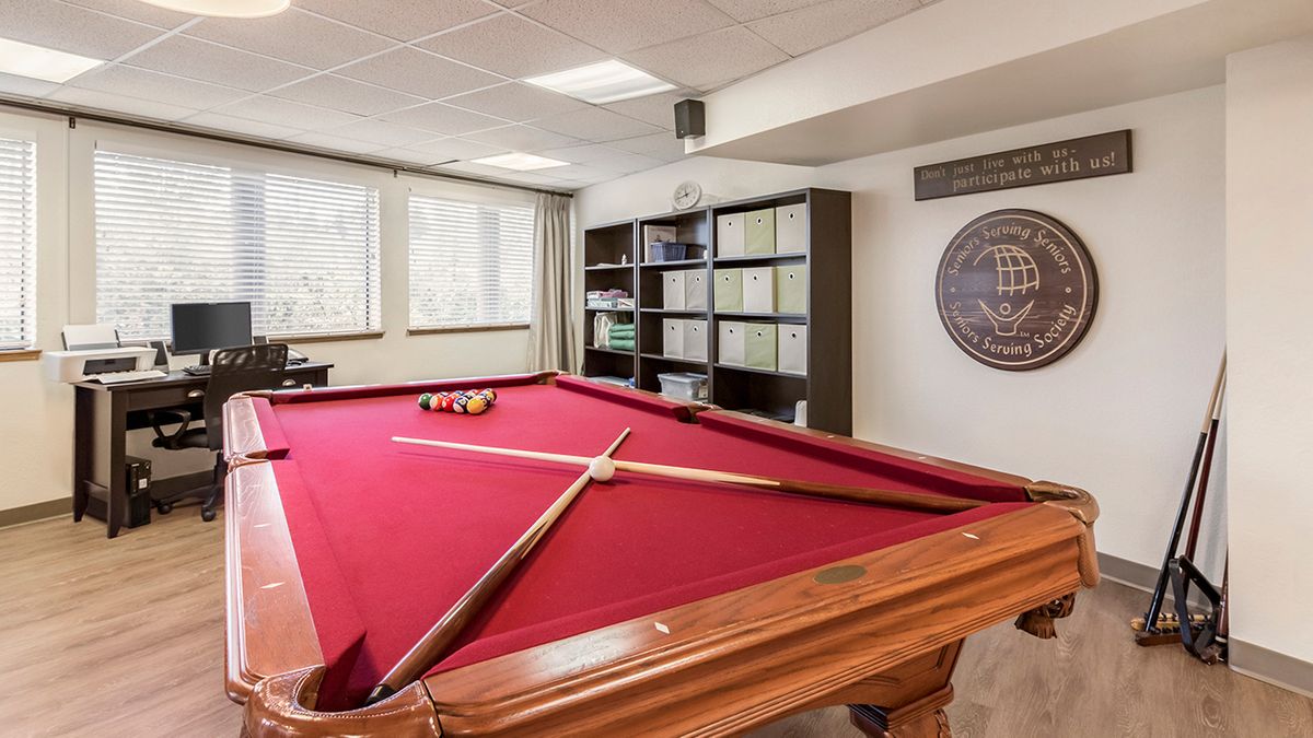 A cozy recreation room featuring a red-felt pool table and a bookshelf.