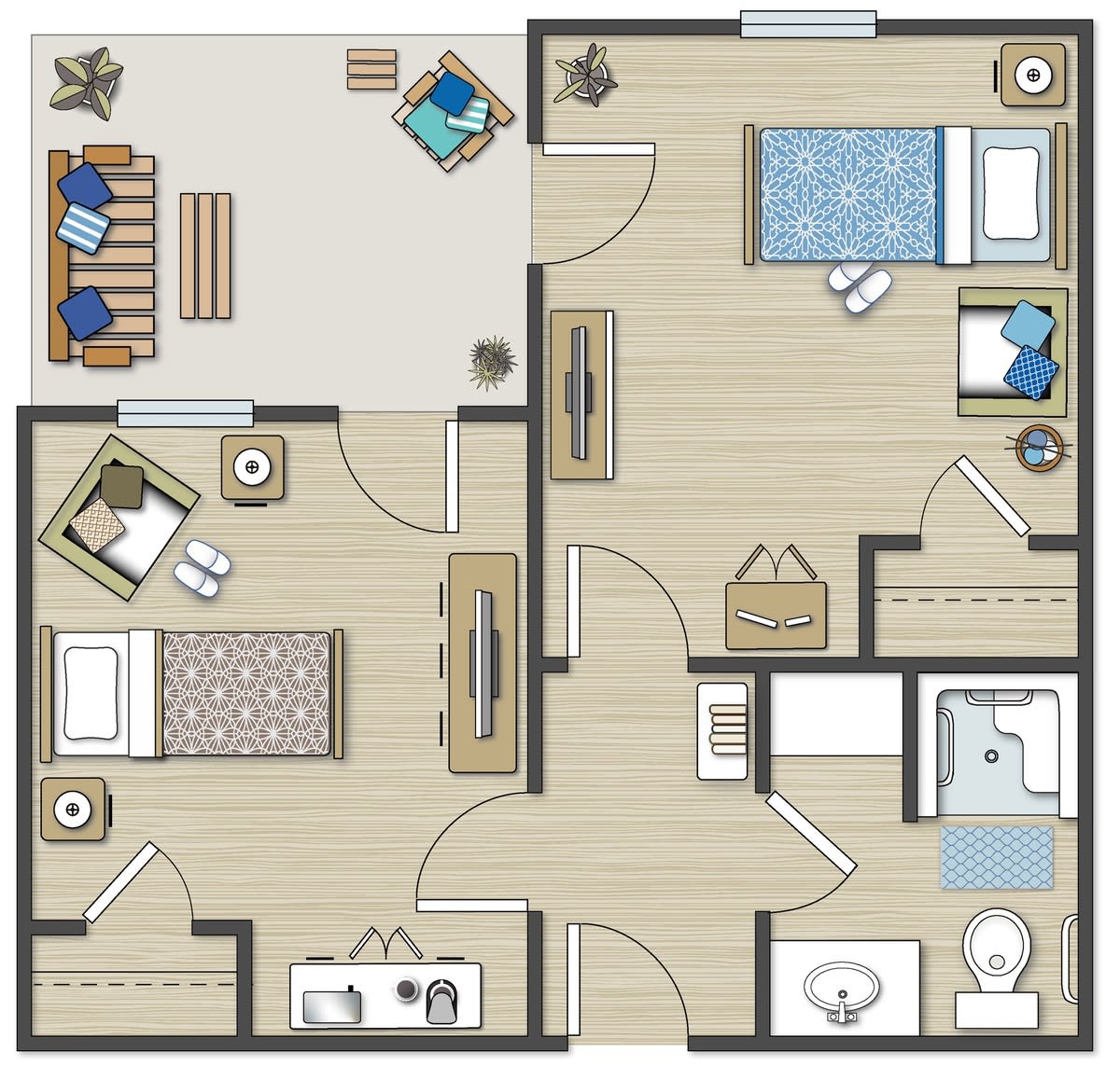 A detailed floor plan of a two-bedroom apartment, featuring a living room, kitchen, and bathroom.