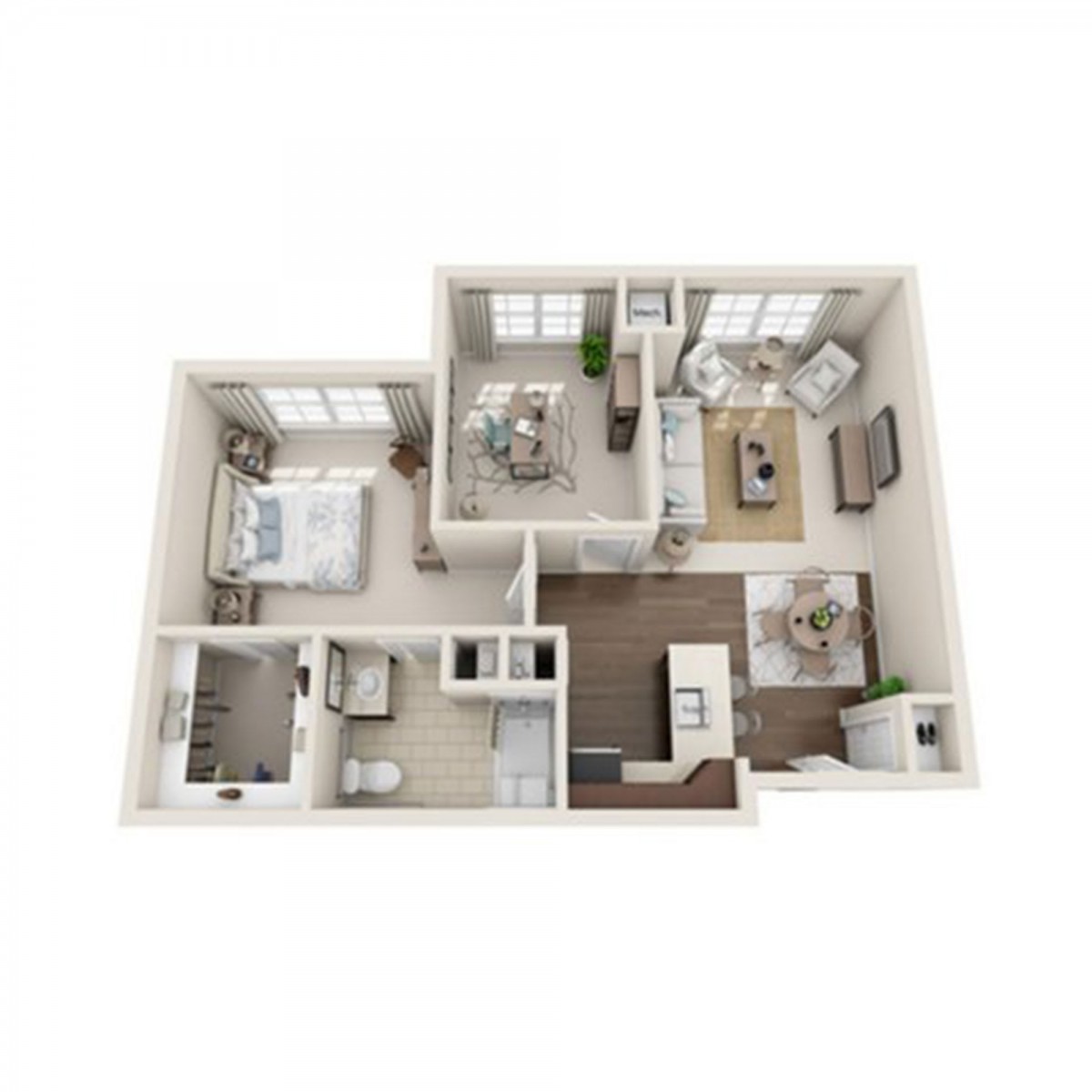 A 3D floor plan of a compact apartment featuring one bedroom, a living room, kitchen, and bathroom.