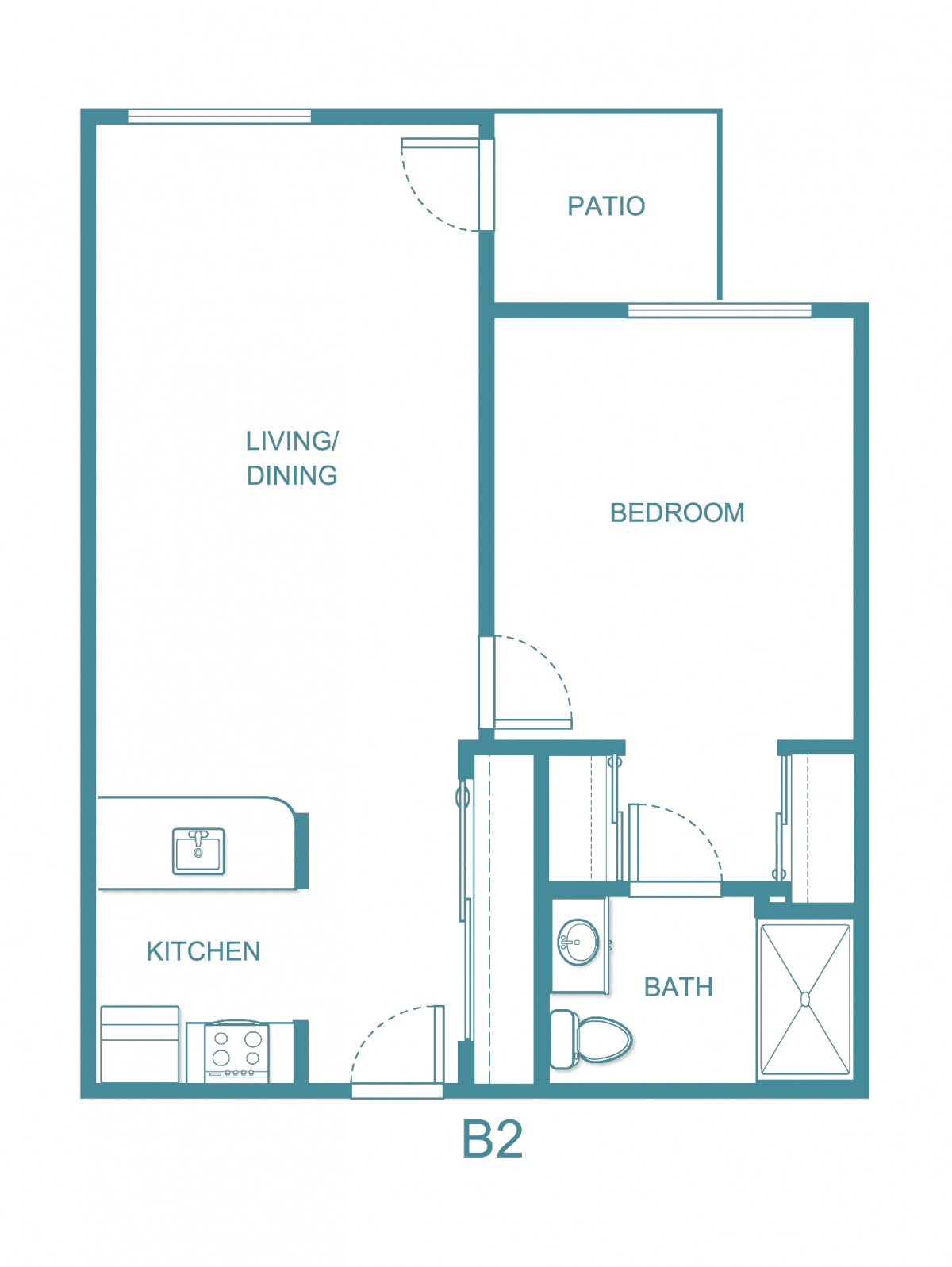 One-bedroom apartment floor plan with a kitchen, living/dining area, bathroom, and patio.