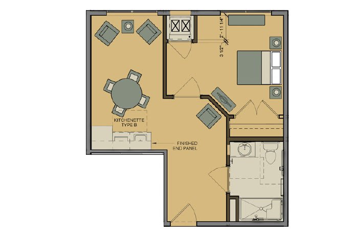 A floor plan of a one-bedroom apartment with a living area, dining space, and bathroom.