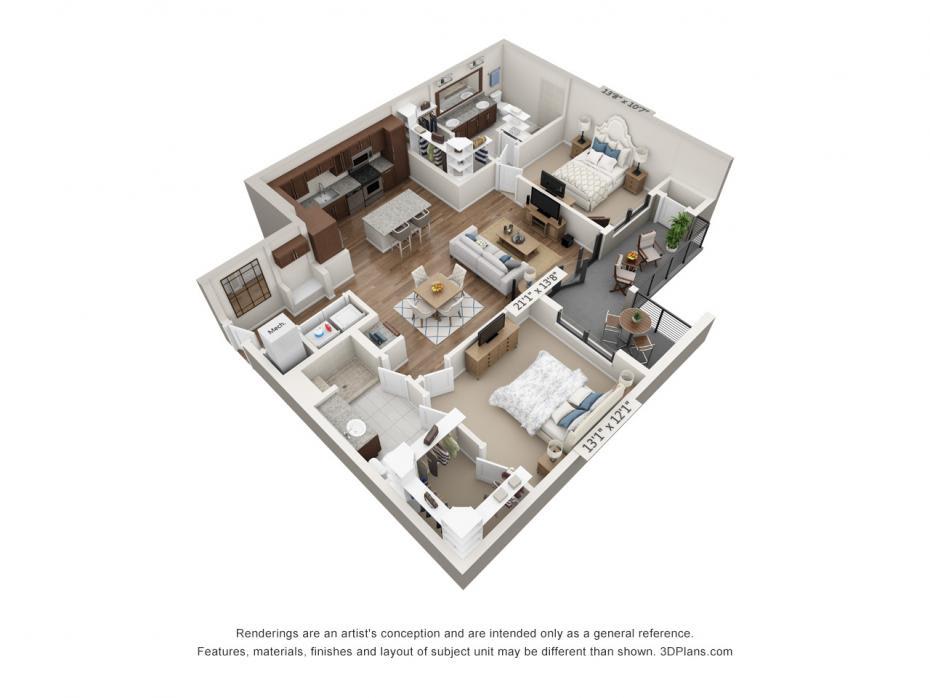 A 3D rendered floor plan of a modern apartment, showcasing the living areas, kitchen, and bedroom.
