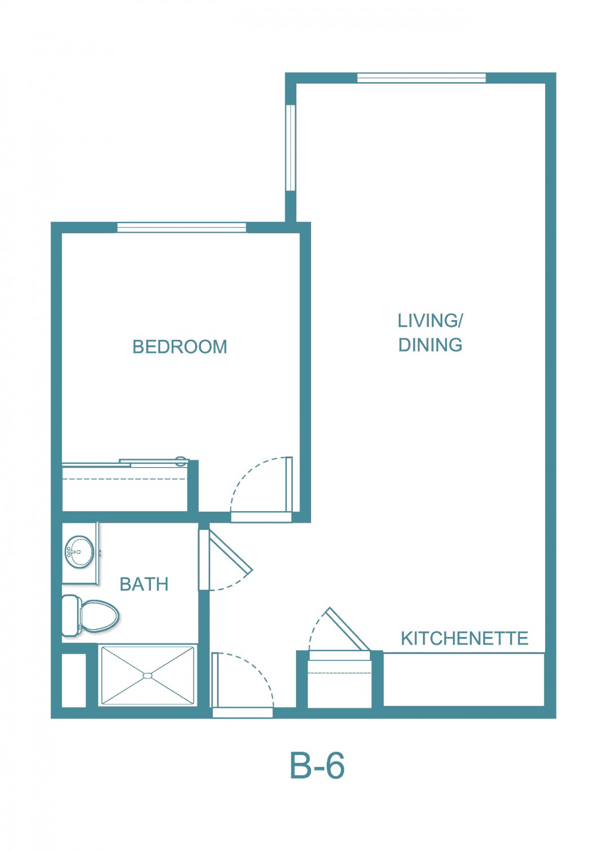 Simple floor plan of a one-bedroom apartment with kitchenette.
