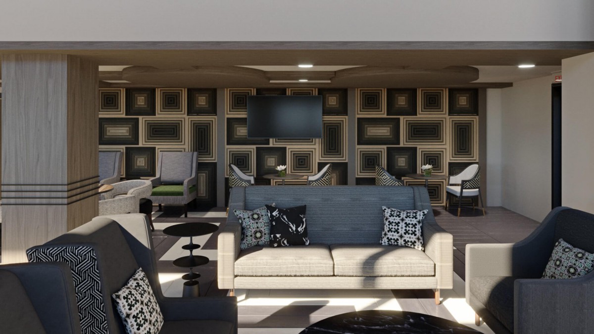 A modern living room with stylish furniture and geometric design elements.