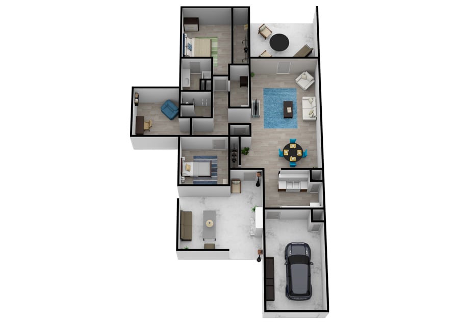 A 3D floor plan showcasing a detailed layout of a house interior.