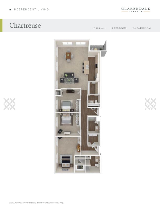 3D floor plan of an apartment layout showing rooms and furnishings.