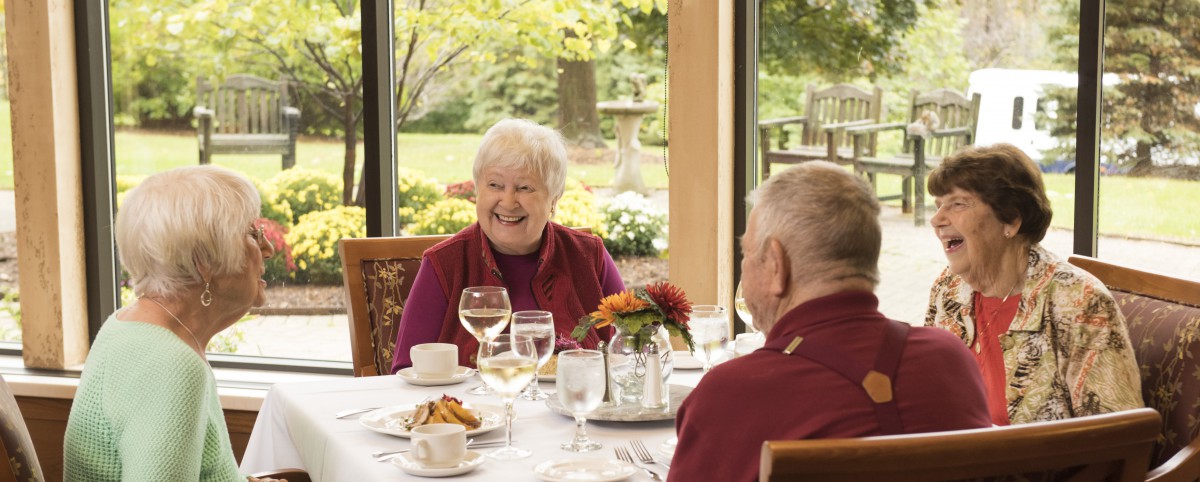 Elderly individuals enjoying a meal and conversation in a bright, indoor dining setting.