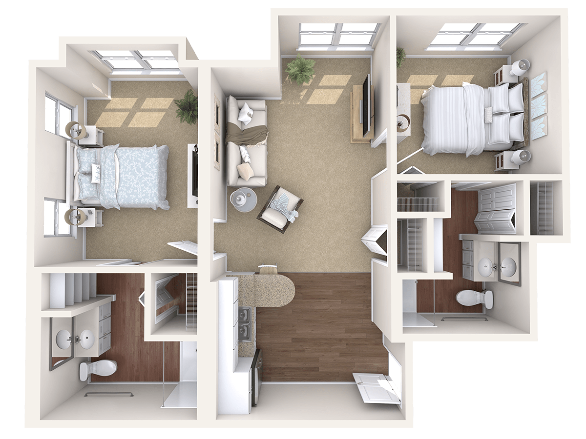 A detailed floor plan showcasing a two-bedroom apartment layout with a living room, kitchen, and two bathrooms.