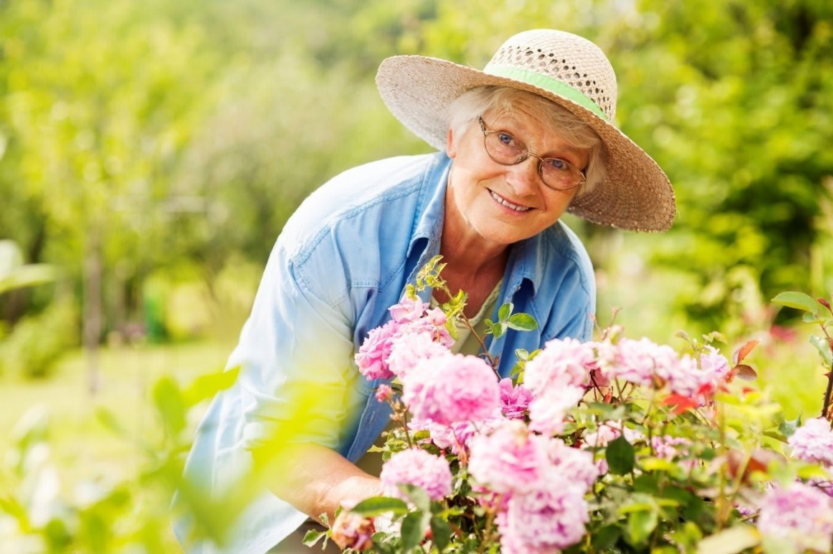 A woman enjoying gardening, surrounded by vibrant flowers on a sunny day.