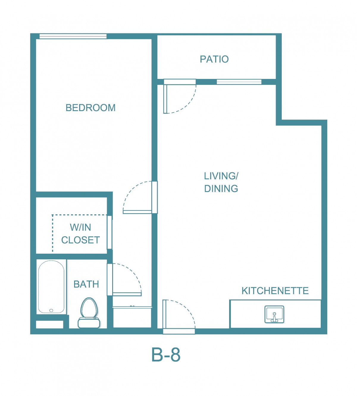 Floor plan of a one-bedroom apartment with a living/dining area, kitchenette, bathroom, and closet.