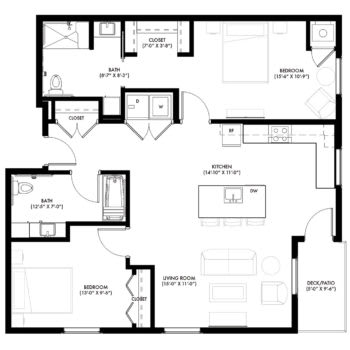 A detailed floor plan of an apartment featuring a bedroom, living room, kitchen, and bathroom.