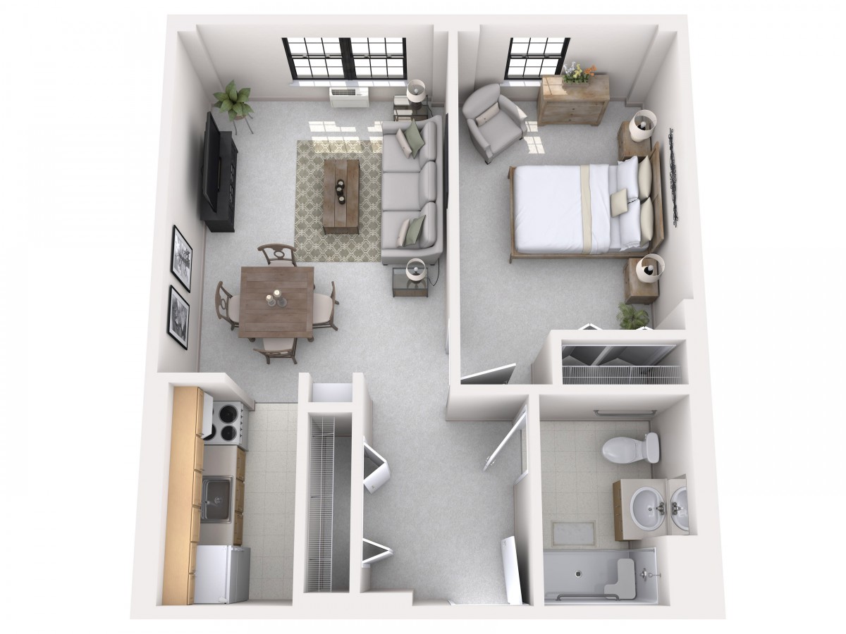 A 3D floor plan of a modern one-bedroom apartment with a living room, kitchen, and bathroom.