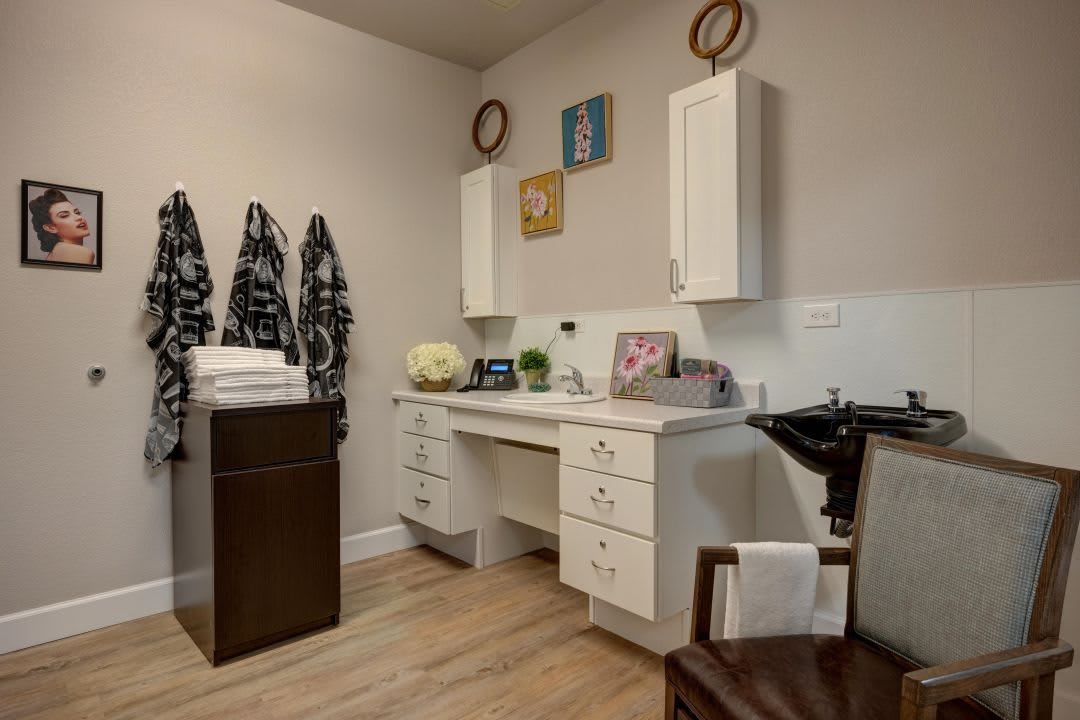 A cozy and well-organized salon interior with styling stations and hair care tools.