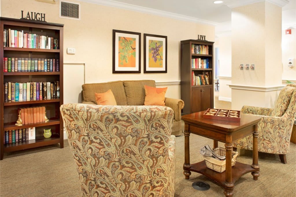 A cozy living room with a sofa, armchair, bookshelves, and decorative artwork on the wall.