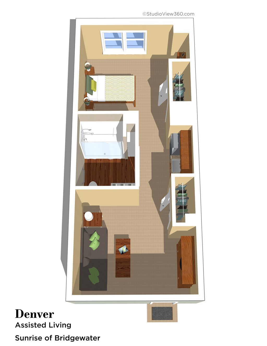 A 3D floor plan layout of a small apartment featuring a bedroom, bathroom, kitchen, and living area.