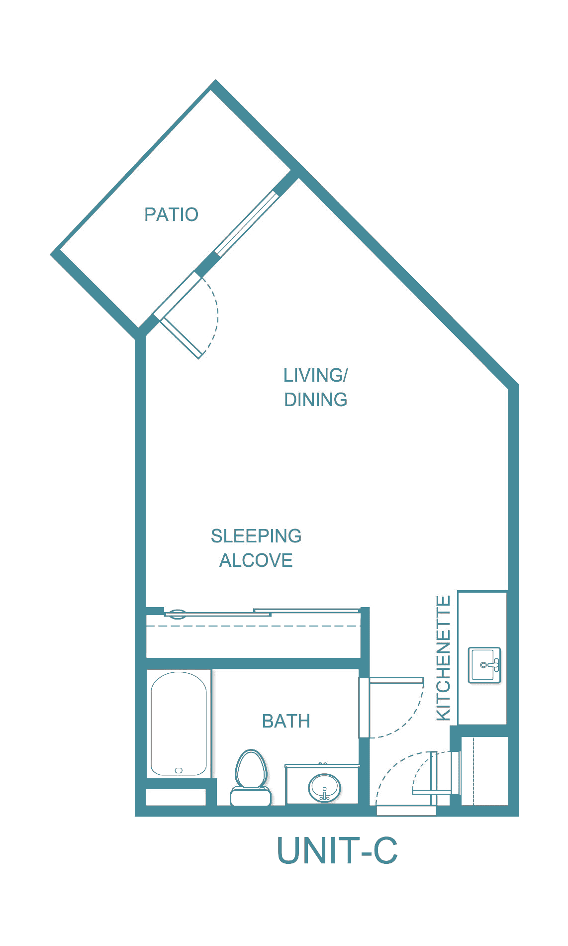 Studio apartment floor plan with a living/dining area, sleeping alcove, kitchenette, bath, and patio.