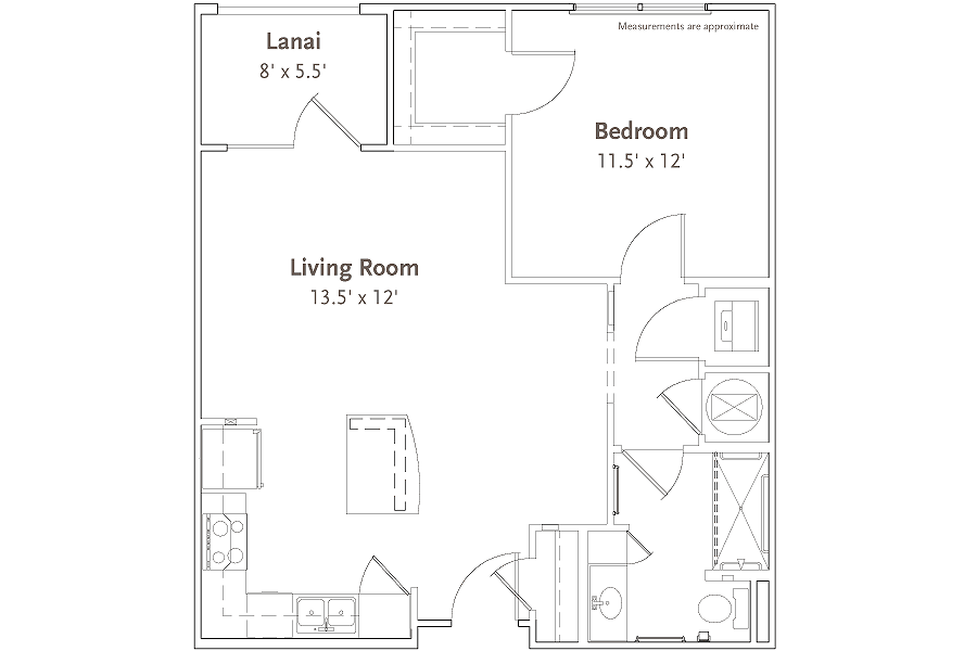 A floor plan of a one-bedroom apartment with a living room, kitchen, bathroom, and lanai.