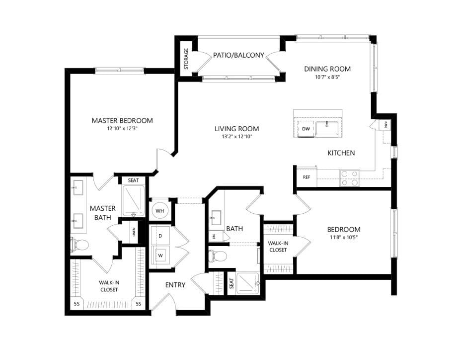 A floor plan of an apartment showing two bedrooms, a living room, dining room, kitchen, laundry area, and bathrooms.