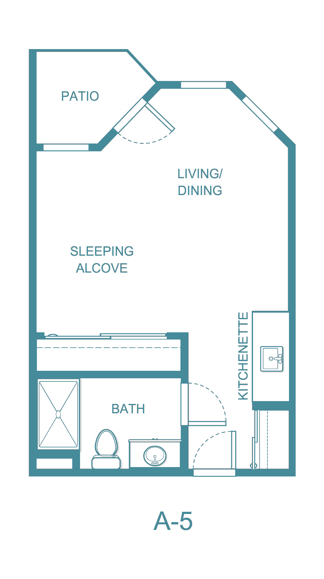 Floor plan of a studio apartment featuring a living/dining area, sleeping alcove, bathroom, and kitchenette.