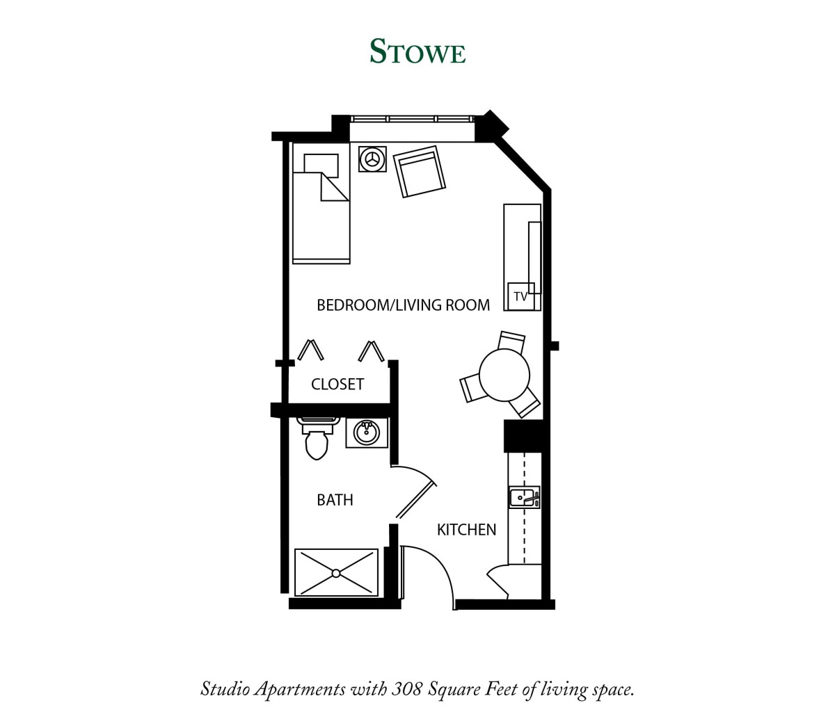 Floor plan of a studio apartment with 488 square feet of living space.