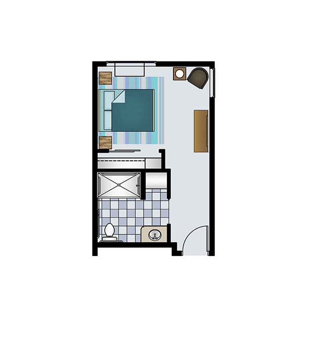 A compact studio apartment floor plan featuring a combined living and sleeping area with an adjacent bathroom.