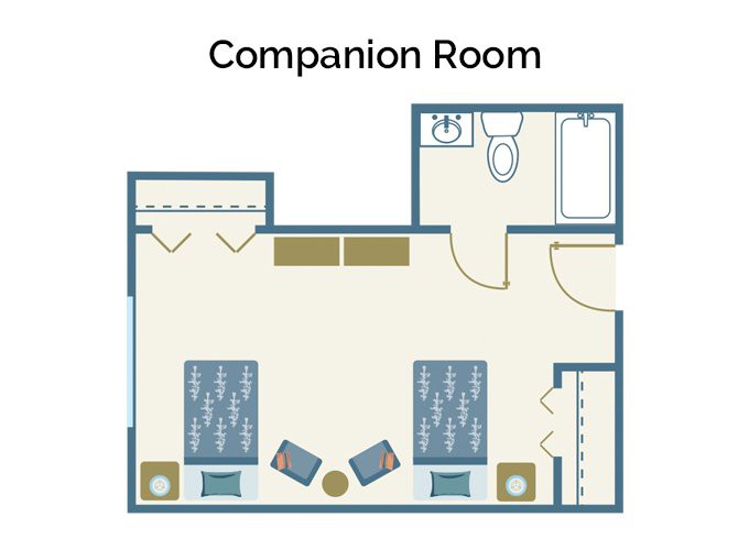 Floor plan of a companion room featuring two beds and a bathroom.