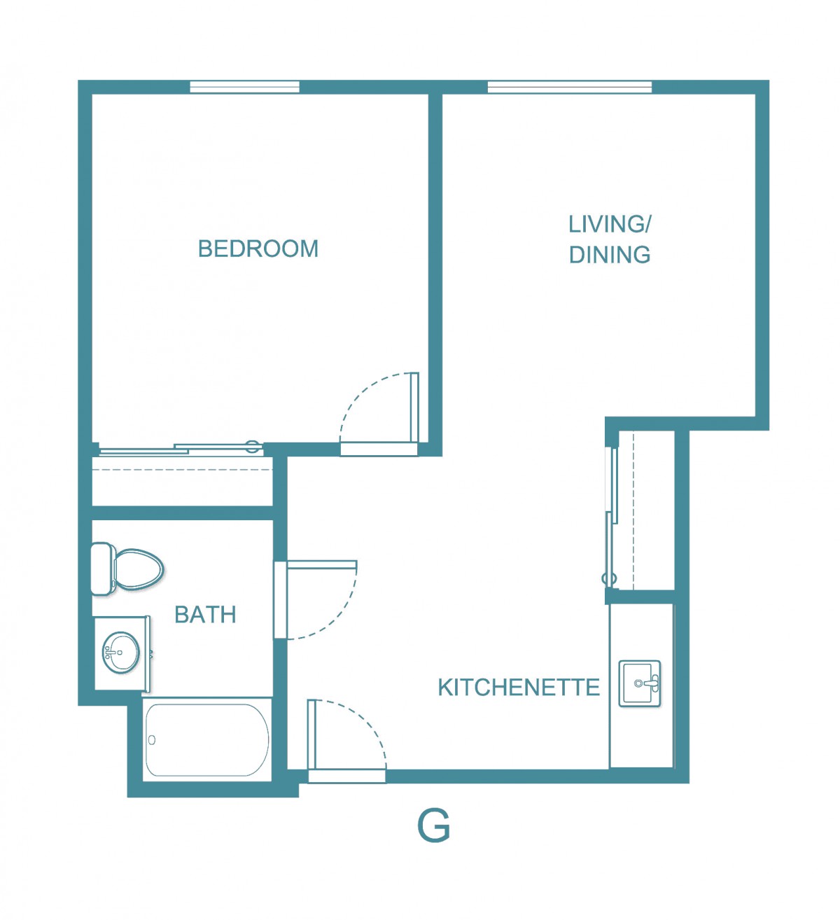 This is a floor plan of a one-bedroom apartment featuring a kitchenette, living/dining area, and bathroom.