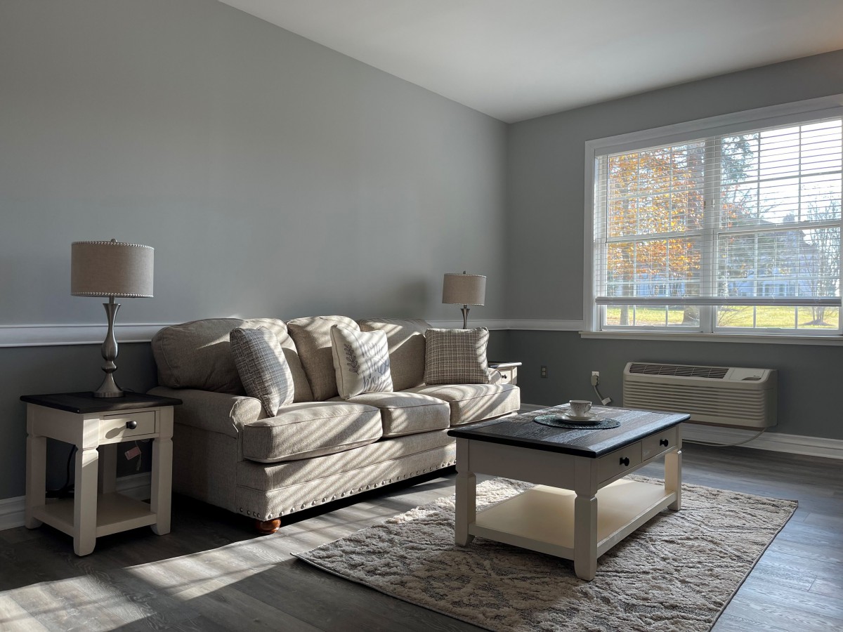 A well-lit living room with a comfortable sofa and coffee table, featuring soft natural light from a large window.