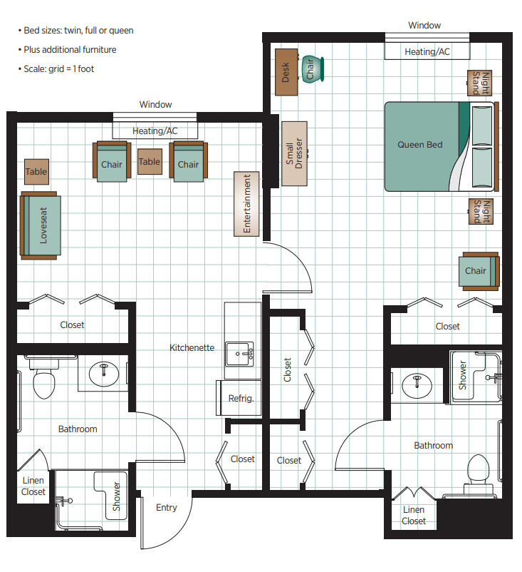 A one-bedroom apartment floor plan featuring a living room, kitchen, dining area, and bathroom.