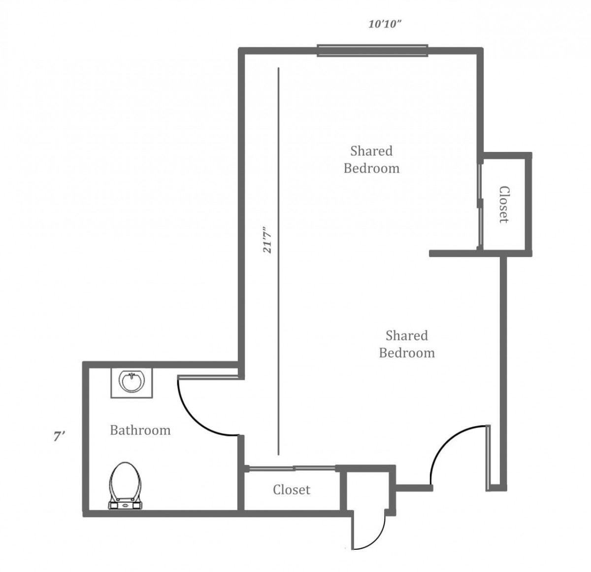 A simple floor plan of a studio apartment with a main bedroom area, bathroom, closet, and kitchen.