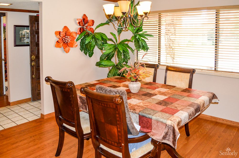 A cozy dining room with a patterned tablecloth, decorative indoor plants, and a chandelier.