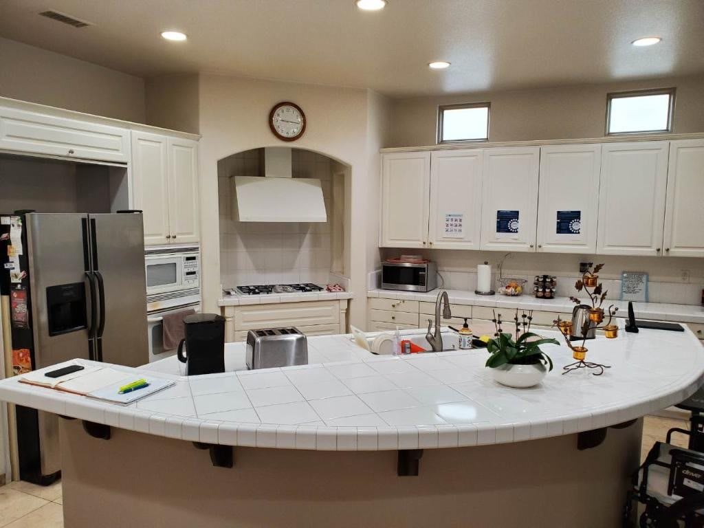 A modern kitchen with white cabinetry and a spacious countertop, featuring various appliances and decorative plants.