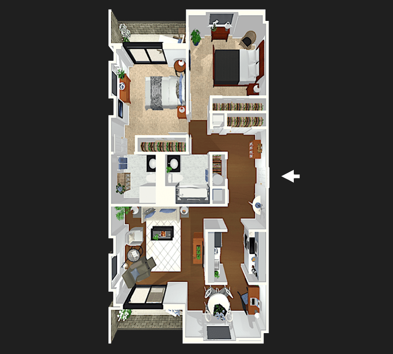 A detailed floor plan of a two-bedroom apartment with a living room, kitchen, and bathroom.