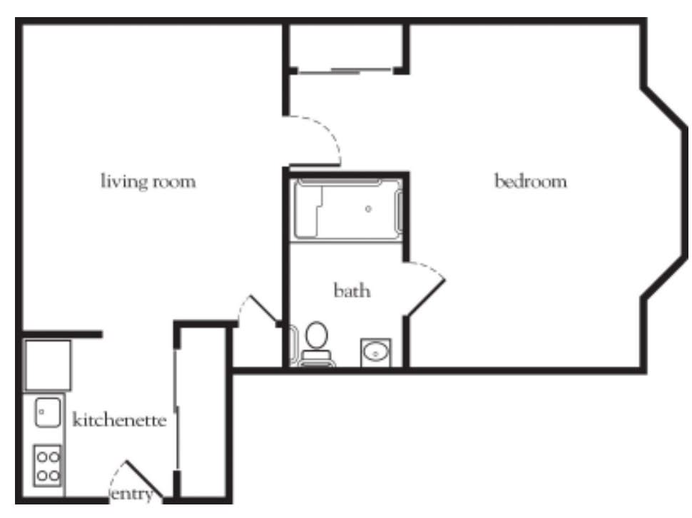 A simple floor plan of an apartment with labeled rooms including a living room, kitchenette, bathroom, and bedroom.