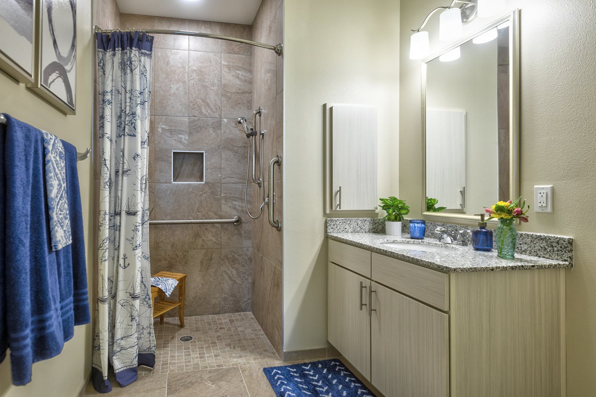 A modern bathroom featuring a spacious shower area with a curtain and a well-lit vanity with a mirror.