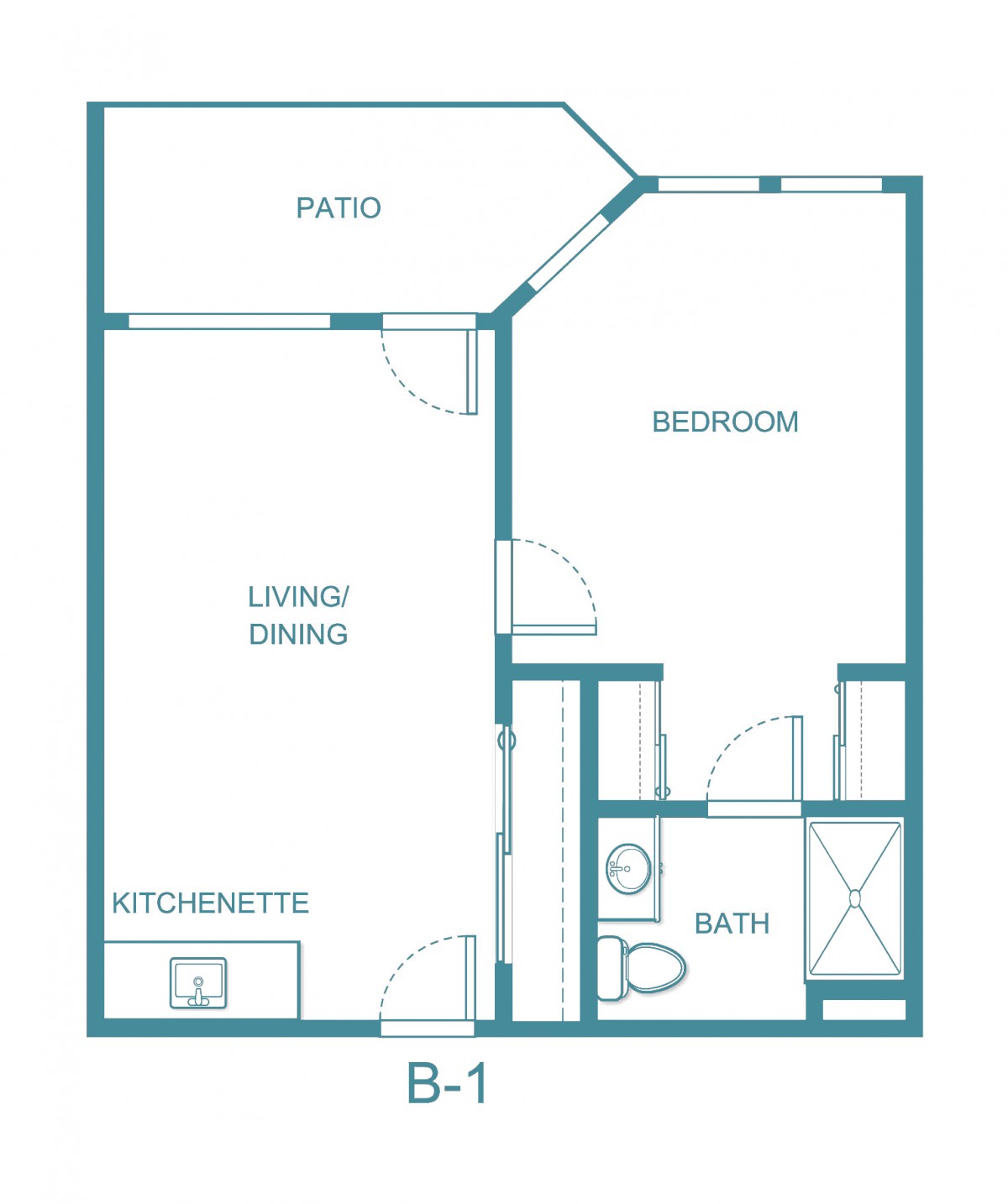 B-1 floor plan with a bedroom, living/dining area, bathroom, and patio.