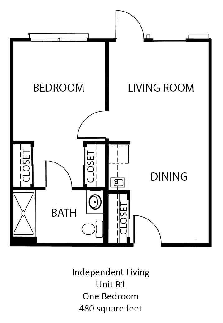 Simple one-bedroom apartment floor plan with living and dining areas.