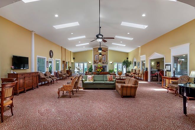 Spacious lounge area with comfortable seating and elegant decor.