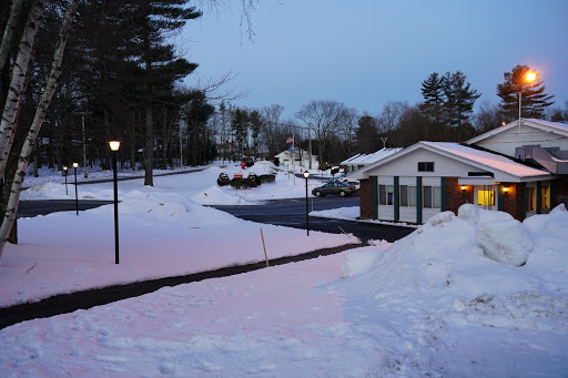 A serene winter evening scene with a blanket of snow covering the ground and soft lighting from a lamp post.