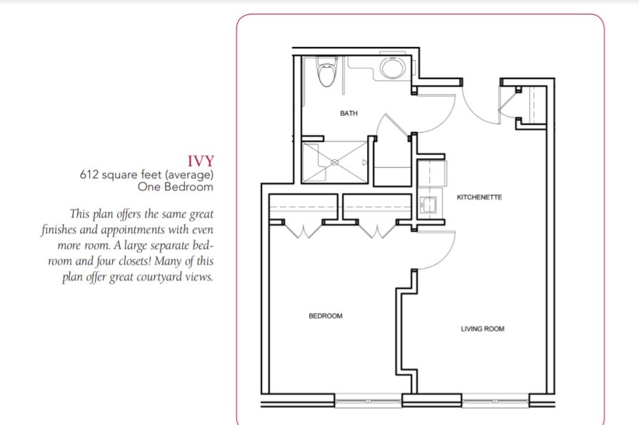 One-bedroom apartment floor plan with designated living room, kitchen, and bathroom areas.