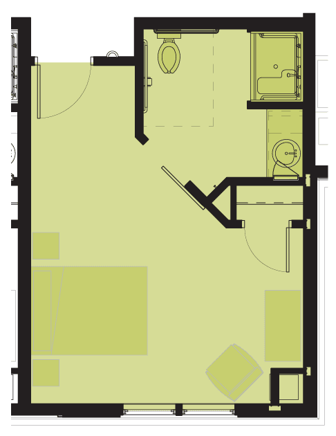 A simple floor plan layout of a room, showing various sections and fixtures.