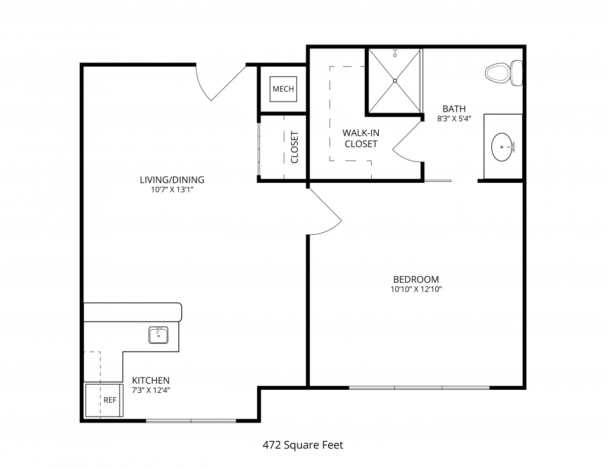 One-bedroom apartment floor plan layout with a living room, kitchen, and bathroom.