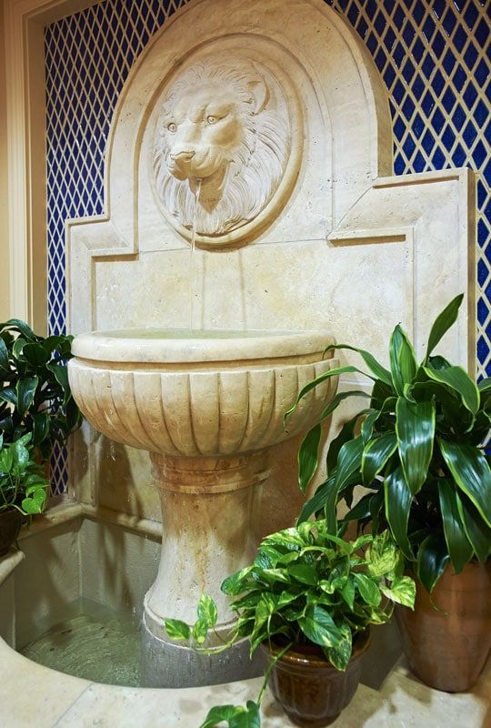 An elegant indoor stone fountain with a lion head design, surrounded by lush green plants.