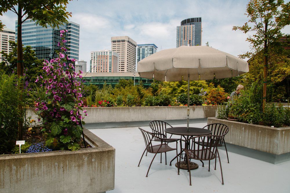 A rooftop patio with outdoor seating and urban garden, overlooking a cityscape of skyscrapers.